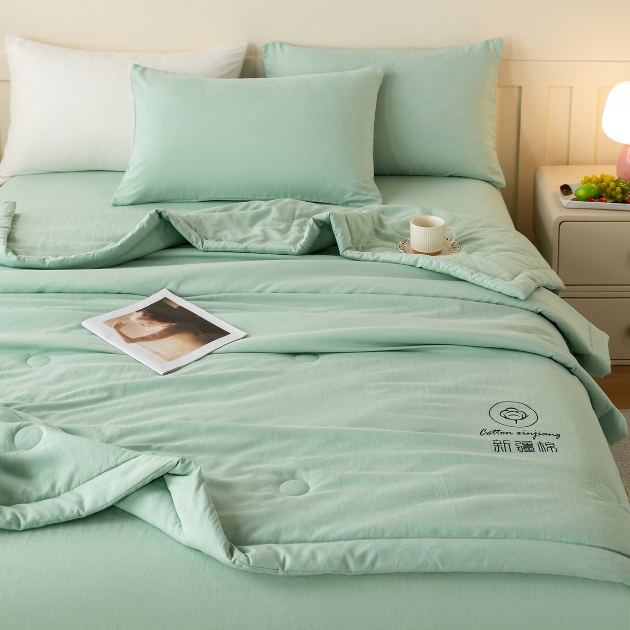 91家纺网 家纺一手货源 找家纺 安琪家纺 2026春夏新款A类新疆棉花纯色撞色双拼夏被夏凉被空调被 纯色-浅绿
