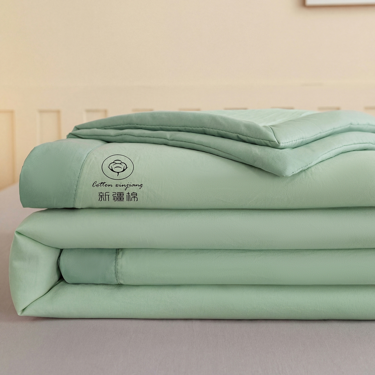 91家纺网 家纺一手货源 找家纺 安琪家纺 2026春夏新款A类新疆棉花纯色撞色双拼夏被夏凉被空调被 纯色-浅绿