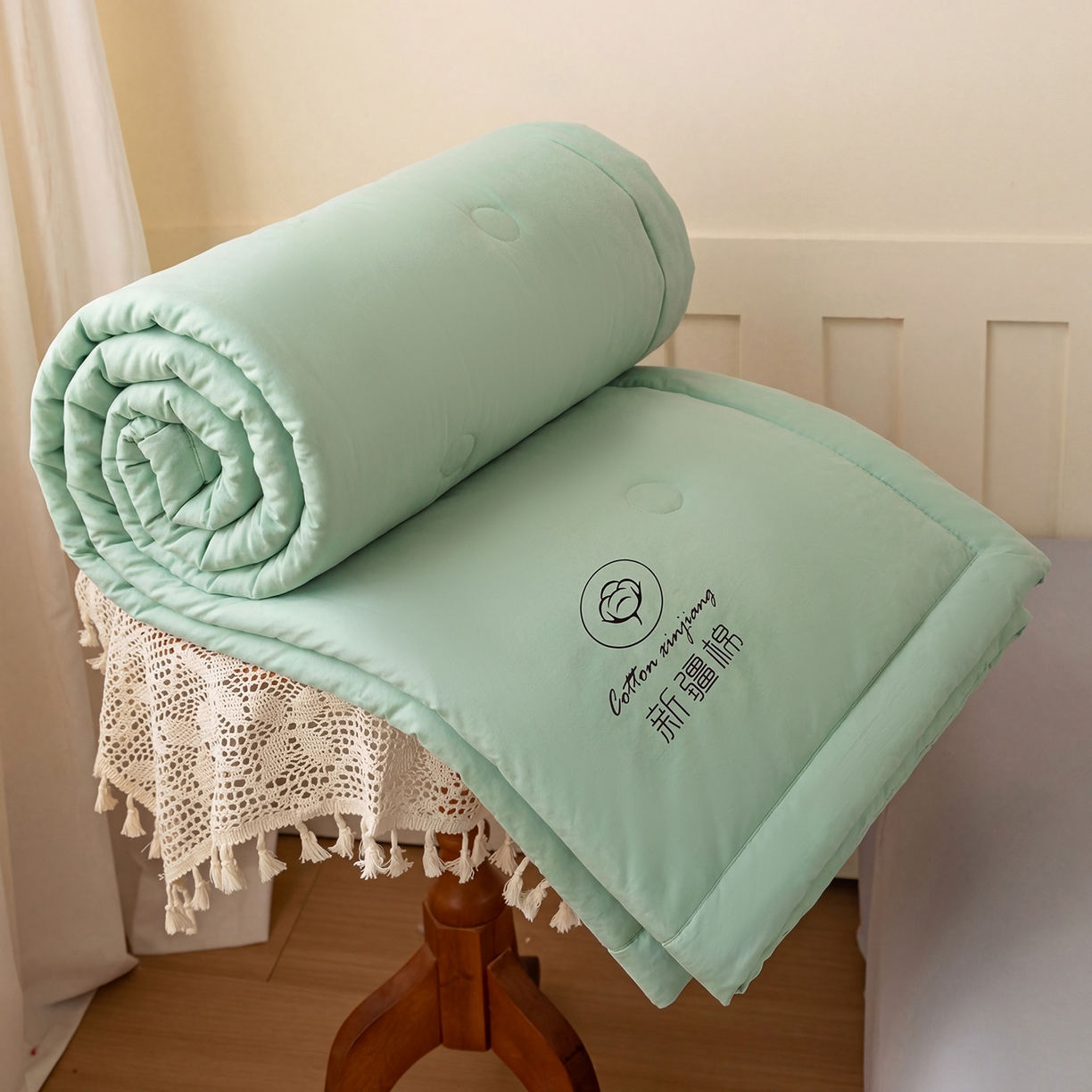 91家纺网 家纺一手货源 找家纺 安琪家纺 2026春夏新款A类新疆棉花纯色撞色双拼夏被夏凉被空调被 纯色-浅绿