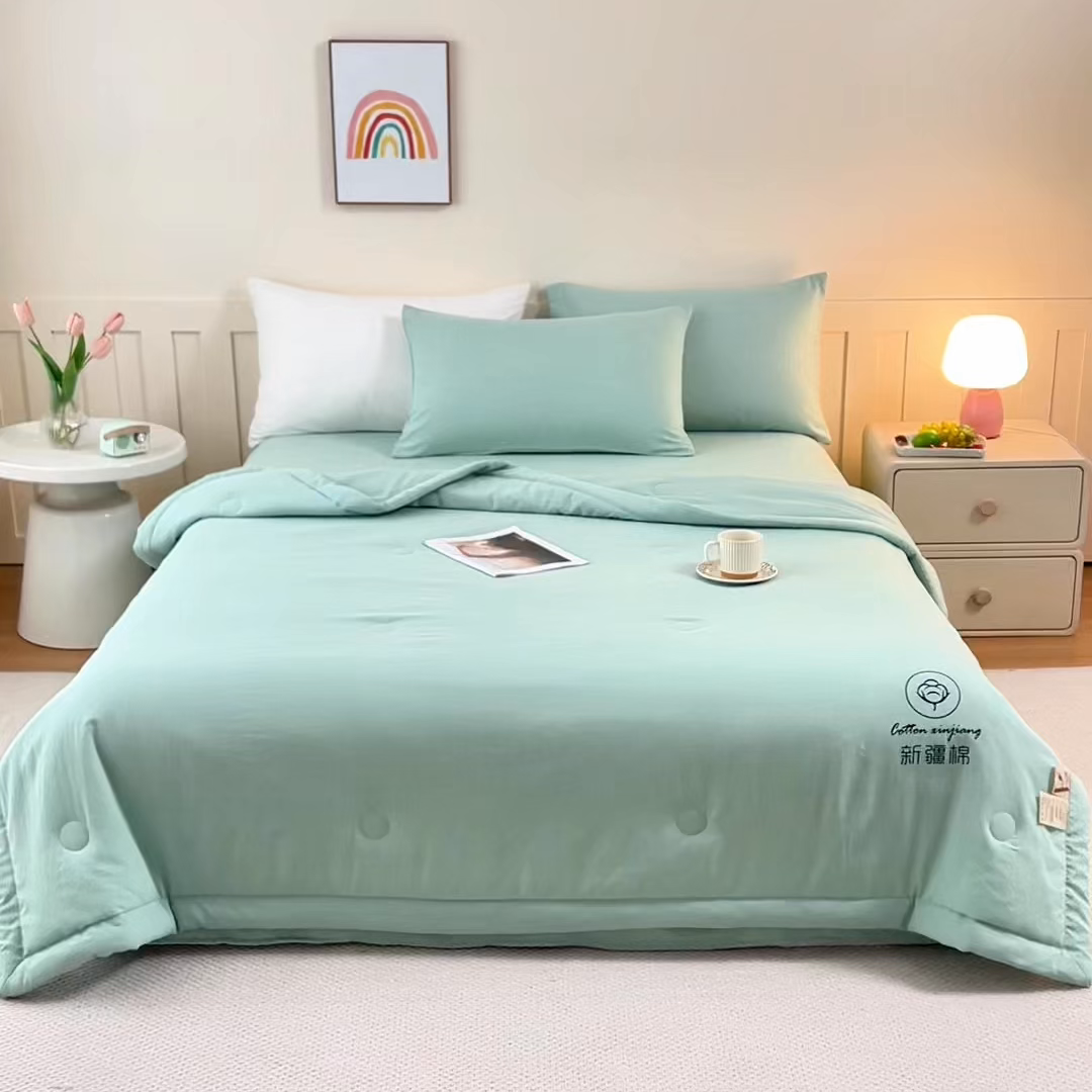 91家纺网 家纺一手货源 找家纺 安琪家纺 2026春夏新款A类新疆棉花纯色撞色双拼夏被夏凉被空调被 纯色-浅绿