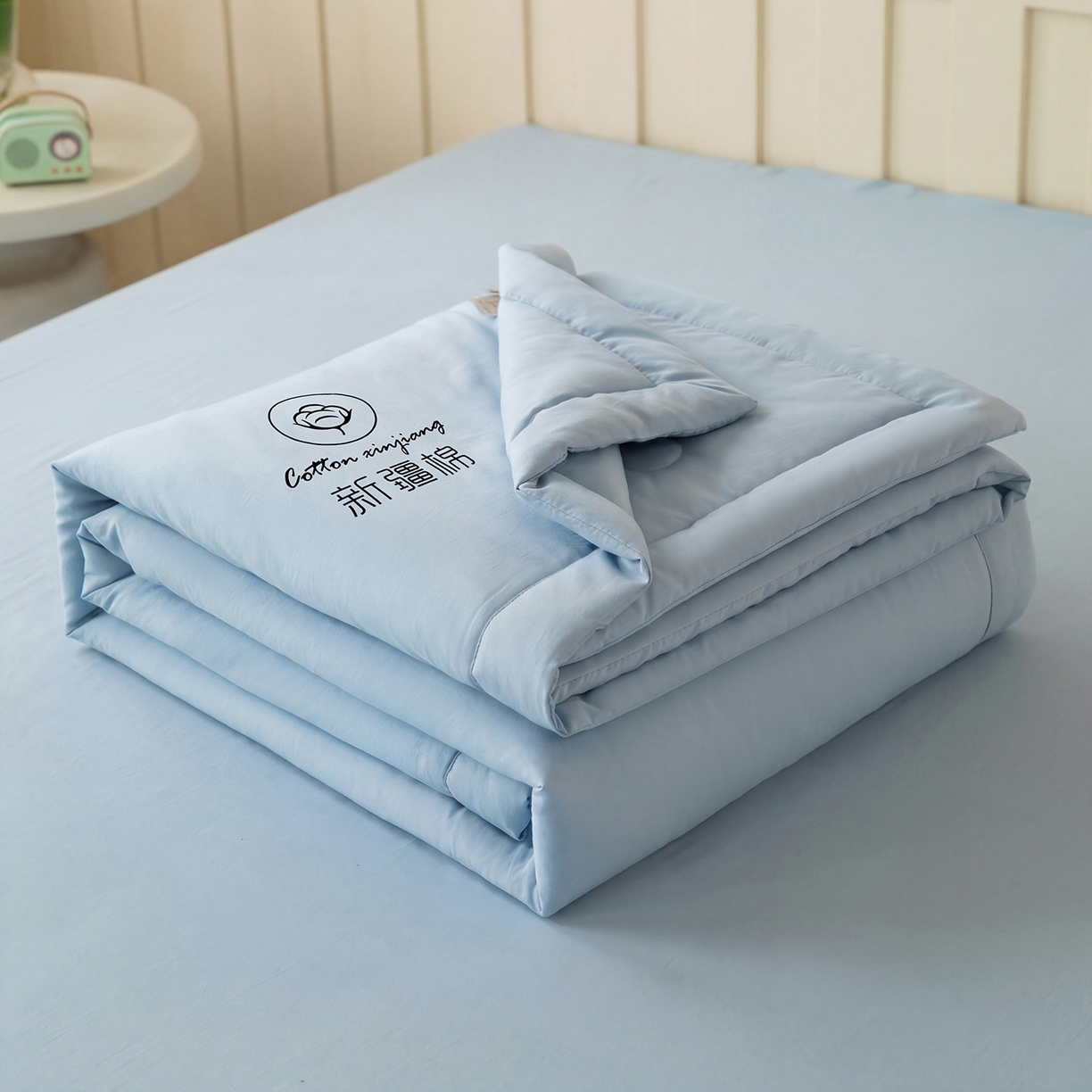 91家纺网 家纺一手货源 找家纺 安琪家纺 2026春夏新款A类新疆棉花纯色撞色双拼夏被夏凉被空调被 纯色-天蓝