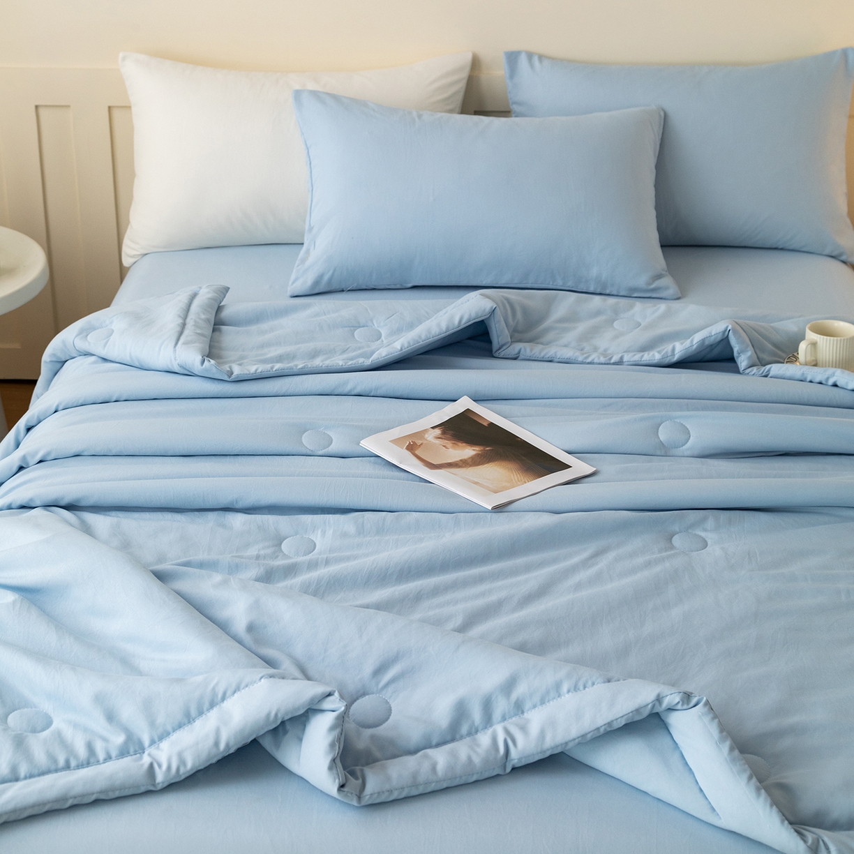 91家纺网 家纺一手货源 找家纺 安琪家纺 2026春夏新款A类新疆棉花纯色撞色双拼夏被夏凉被空调被 纯色-天蓝