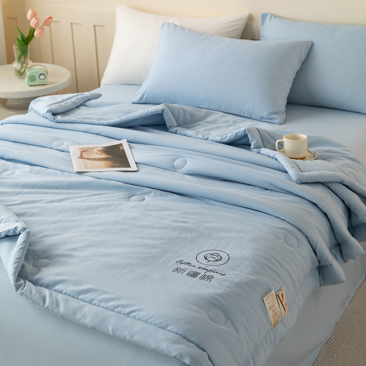 91家纺网 家纺一手货源 找家纺 安琪家纺 2026春夏新款A类新疆棉花纯色撞色双拼夏被夏凉被空调被 纯色-天蓝