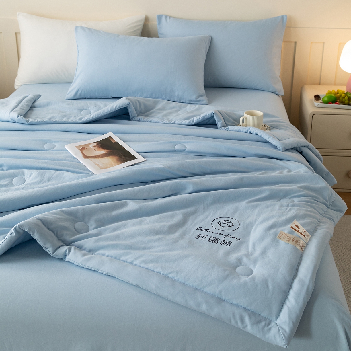 91家纺网 家纺一手货源 找家纺 安琪家纺 2026春夏新款A类新疆棉花纯色撞色双拼夏被夏凉被空调被 纯色-天蓝