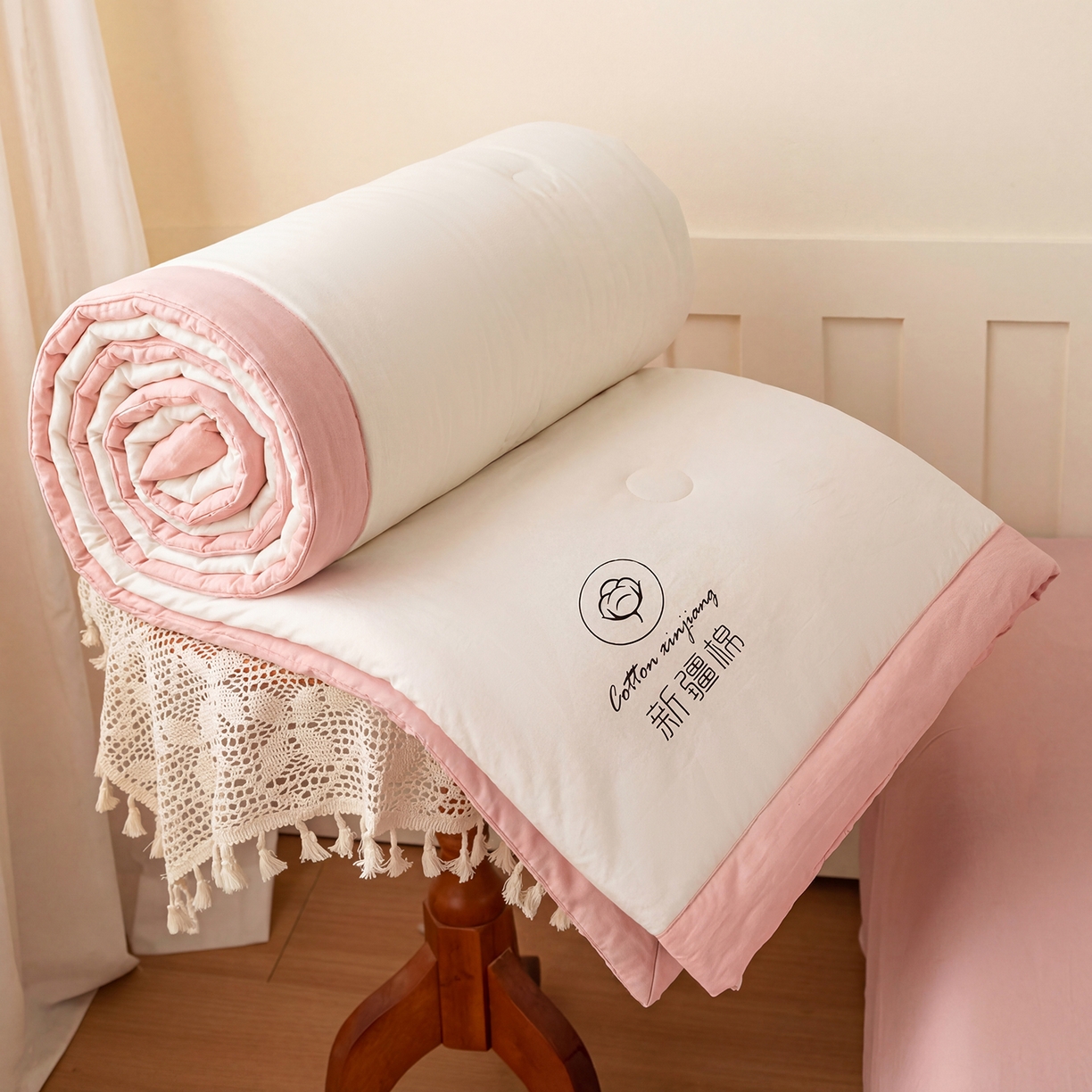 91家纺网 家纺一手货源 找家纺 安琪家纺 2026春夏新款A类新疆棉花纯色撞色双拼夏被夏凉被空调被 双拼-白粉