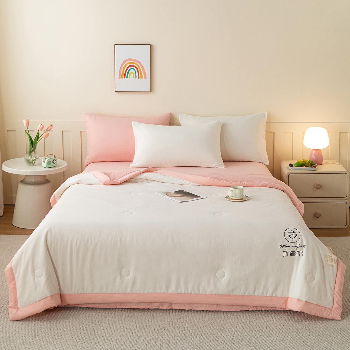 91家纺网 家纺一手货源 找家纺 安琪家纺 2026春夏新款A类新疆棉花纯色撞色双拼夏被夏凉被空调被 双拼-白粉