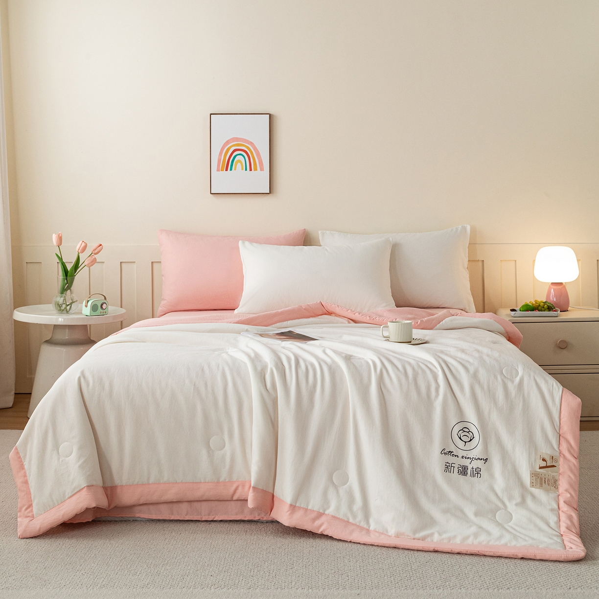 91家纺网 家纺一手货源 找家纺 安琪家纺 2026春夏新款A类新疆棉花纯色撞色双拼夏被夏凉被空调被 双拼-白粉