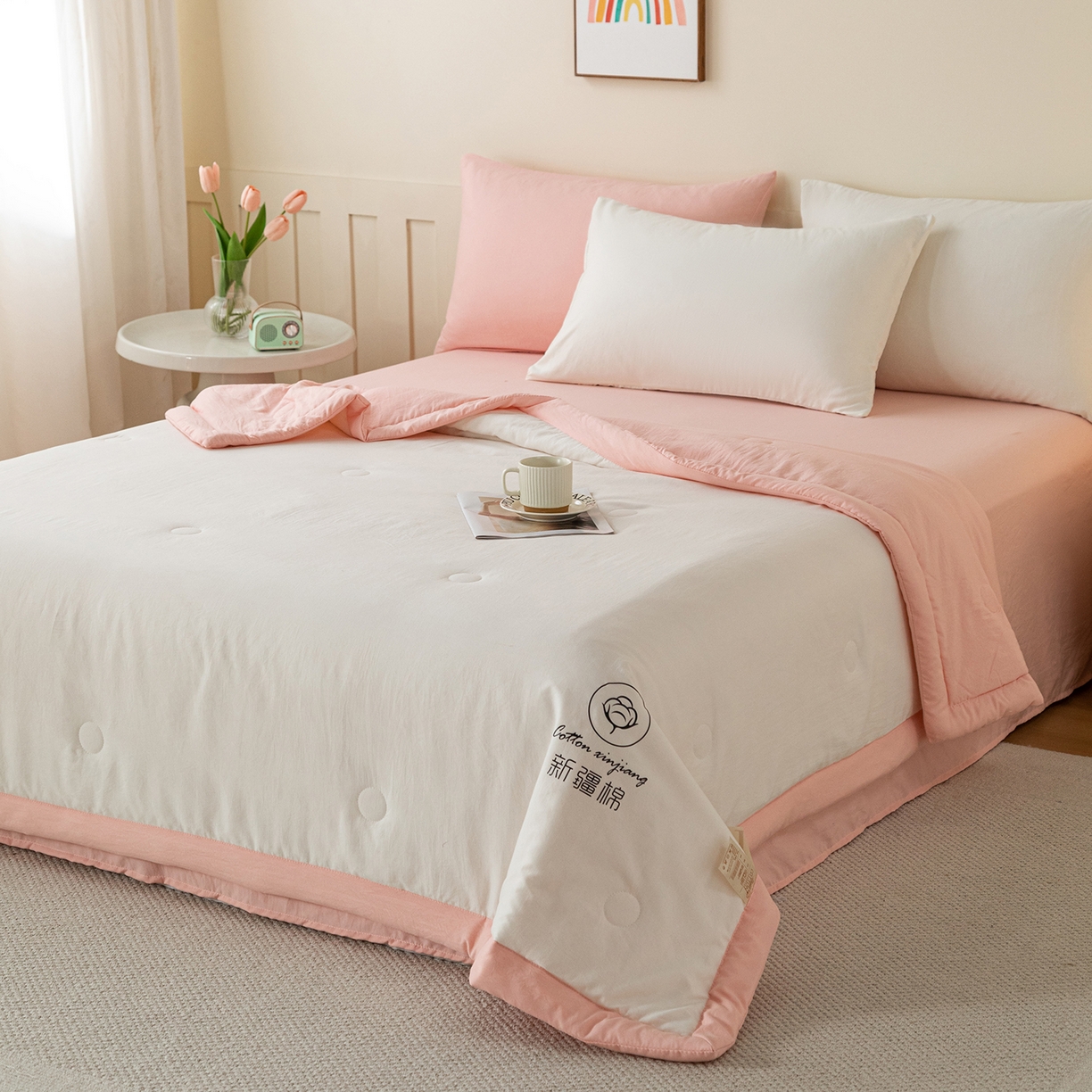 91家纺网 家纺一手货源 找家纺 安琪家纺 2026春夏新款A类新疆棉花纯色撞色双拼夏被夏凉被空调被 双拼-白粉