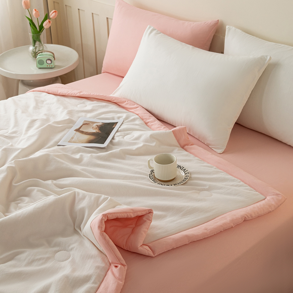 91家纺网 家纺一手货源 找家纺 安琪家纺 2026春夏新款A类新疆棉花纯色撞色双拼夏被夏凉被空调被 双拼-白粉