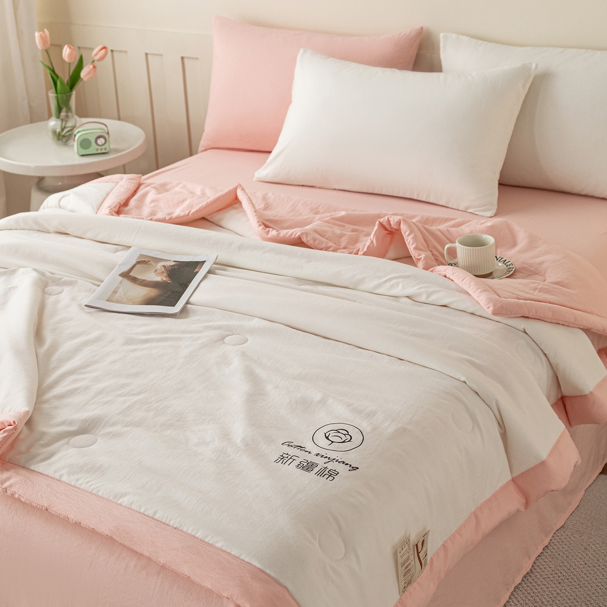 91家纺网 家纺一手货源 找家纺 安琪家纺 2026春夏新款A类新疆棉花纯色撞色双拼夏被夏凉被空调被 双拼-白粉