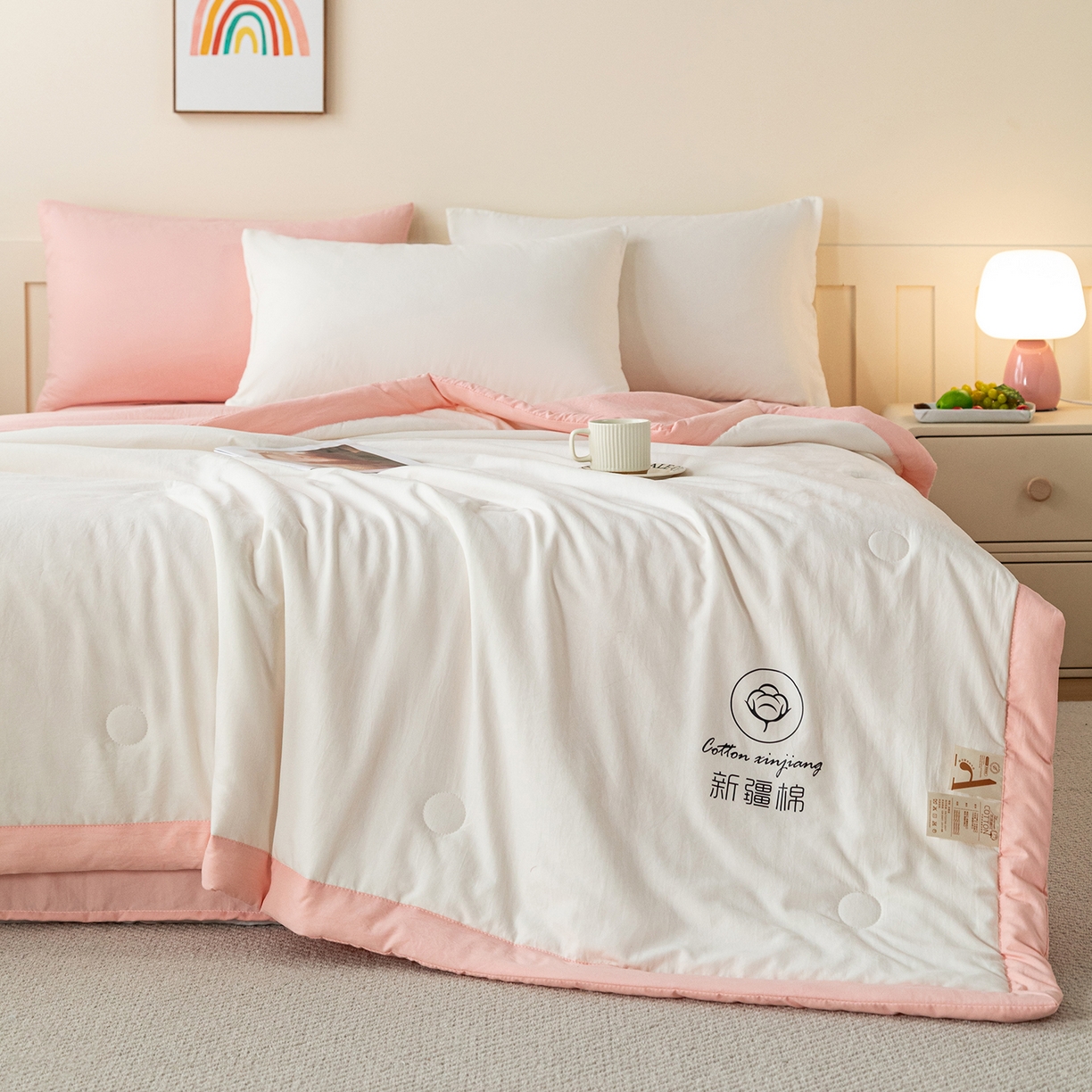 91家纺网 家纺一手货源 找家纺 安琪家纺 2026春夏新款A类新疆棉花纯色撞色双拼夏被夏凉被空调被 双拼-白粉