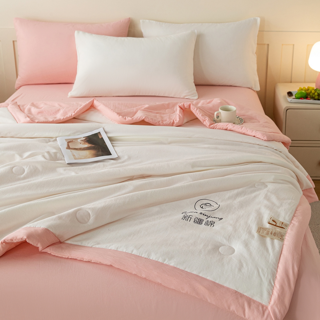 91家纺网 家纺一手货源 找家纺 安琪家纺 2026春夏新款A类新疆棉花纯色撞色双拼夏被夏凉被空调被 双拼-白粉