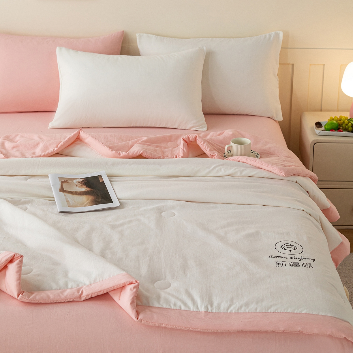 91家纺网 家纺一手货源 找家纺 安琪家纺 2026春夏新款A类新疆棉花纯色撞色双拼夏被夏凉被空调被 双拼-白粉