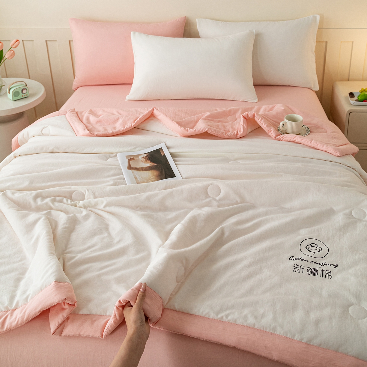 91家纺网 家纺一手货源 找家纺 安琪家纺 2026春夏新款A类新疆棉花纯色撞色双拼夏被夏凉被空调被 双拼-白粉