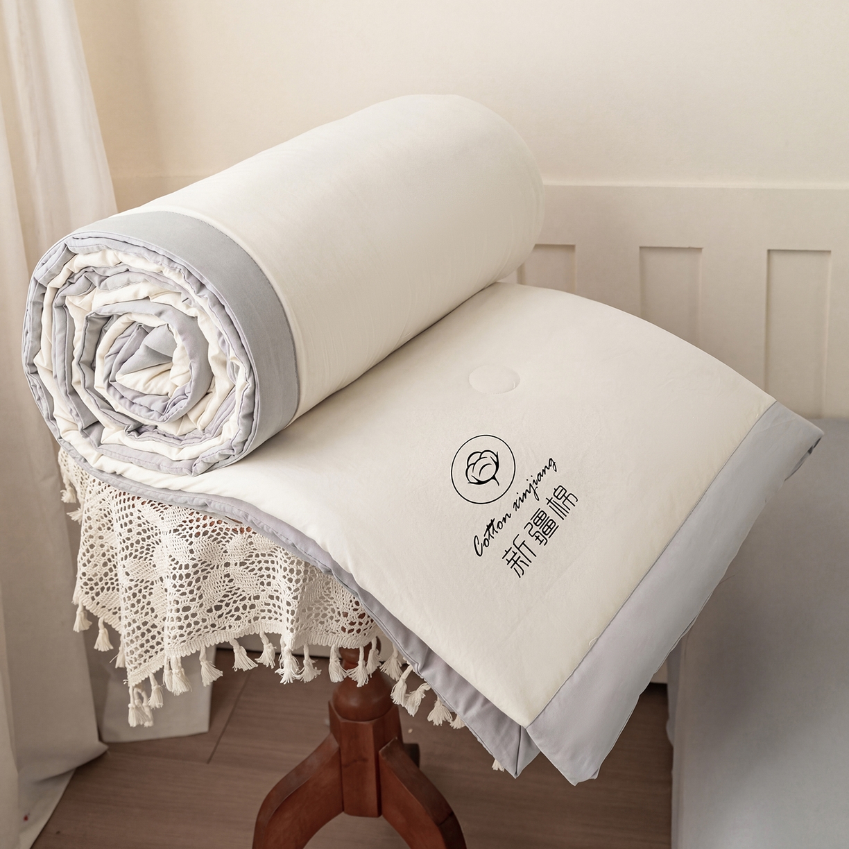 91家纺网 家纺一手货源 找家纺 安琪家纺 2026春夏新款A类新疆棉花纯色撞色双拼夏被夏凉被空调被 双拼-白灰