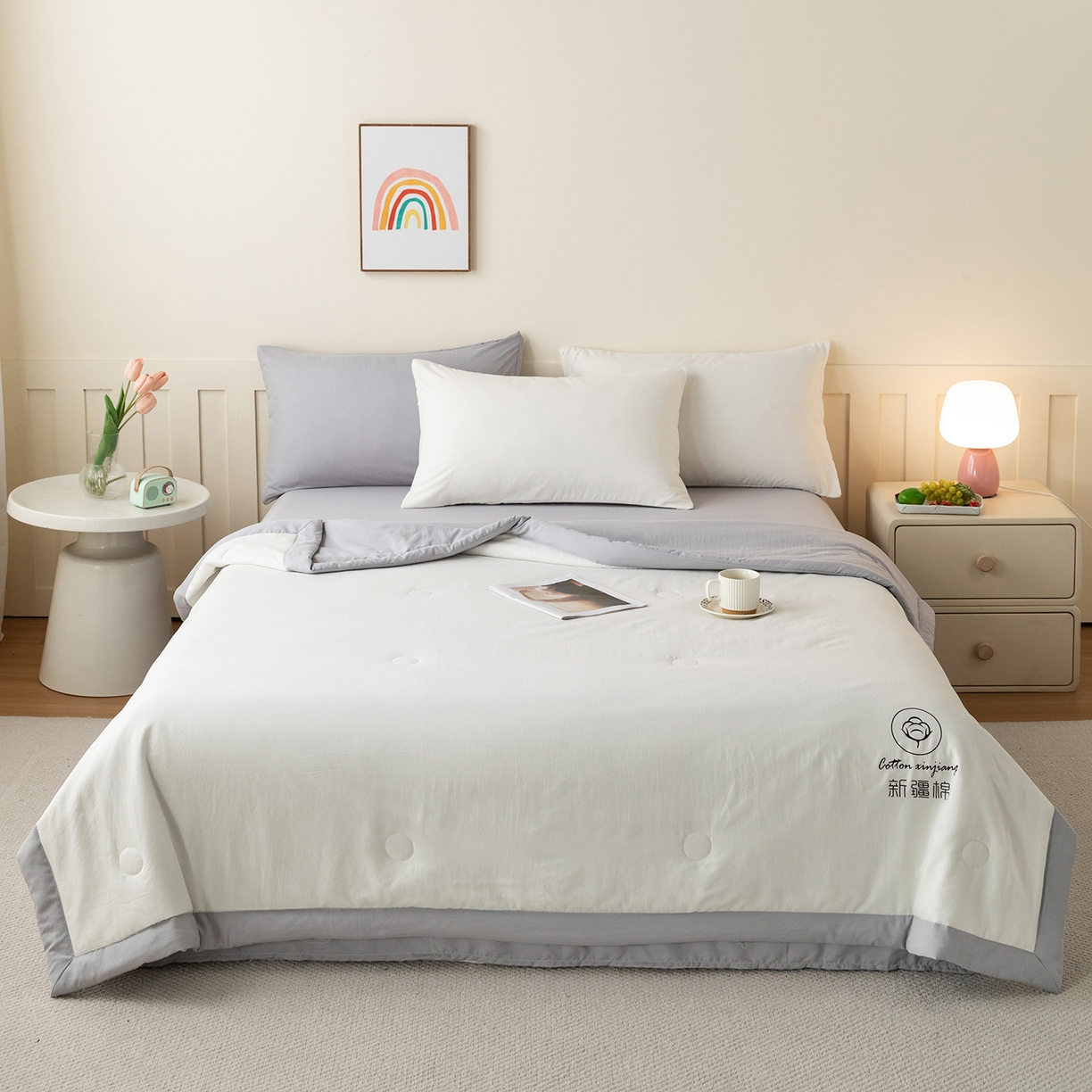 91家纺网 家纺一手货源 找家纺 安琪家纺 2026春夏新款A类新疆棉花纯色撞色双拼夏被夏凉被空调被 双拼-白灰