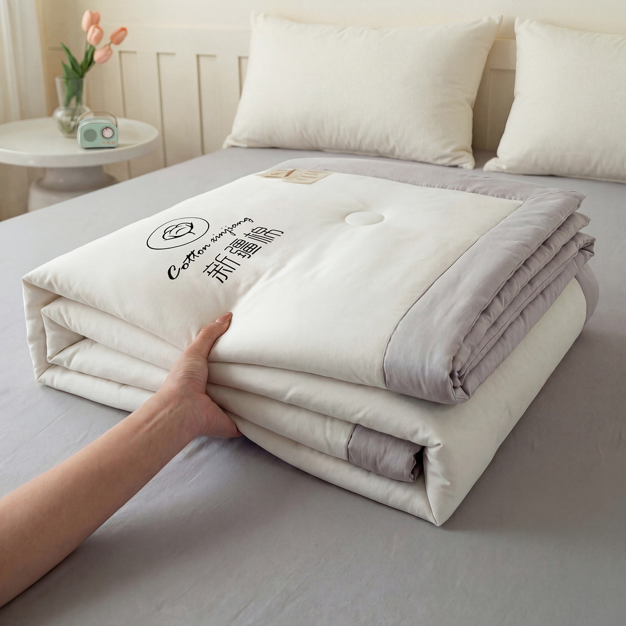 91家纺网 家纺一手货源 找家纺 安琪家纺 2026春夏新款A类新疆棉花纯色撞色双拼夏被夏凉被空调被 双拼-白灰