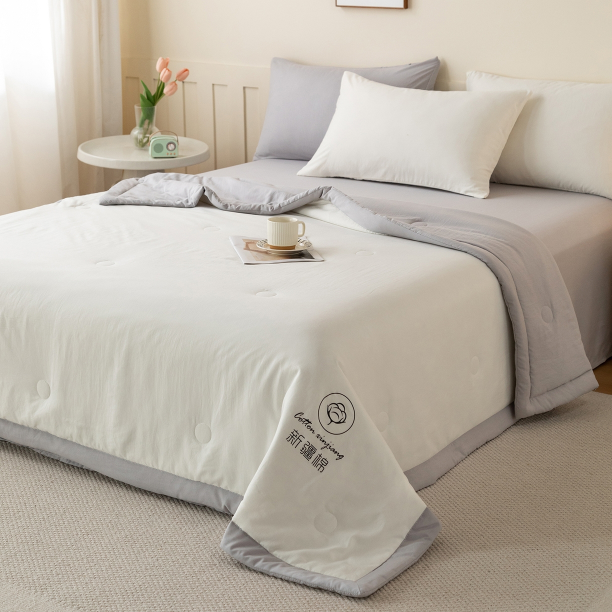 91家纺网 家纺一手货源 找家纺 安琪家纺 2026春夏新款A类新疆棉花纯色撞色双拼夏被夏凉被空调被 双拼-白灰