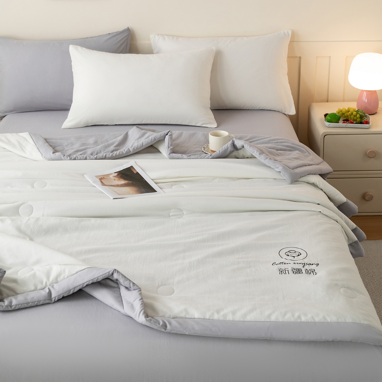 91家纺网 家纺一手货源 找家纺 安琪家纺 2026春夏新款A类新疆棉花纯色撞色双拼夏被夏凉被空调被 双拼-白灰