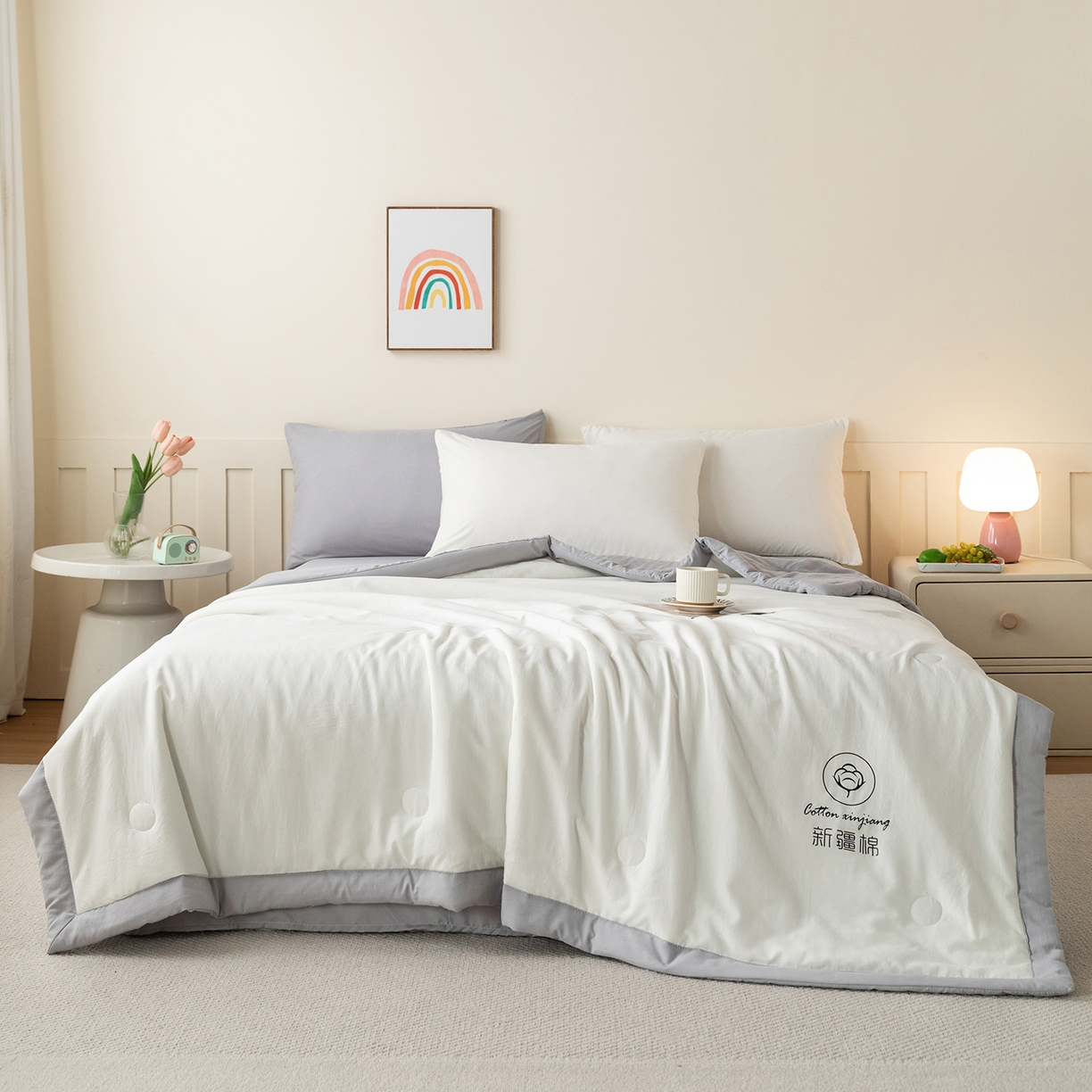 91家纺网 家纺一手货源 找家纺 安琪家纺 2026春夏新款A类新疆棉花纯色撞色双拼夏被夏凉被空调被 双拼-白灰