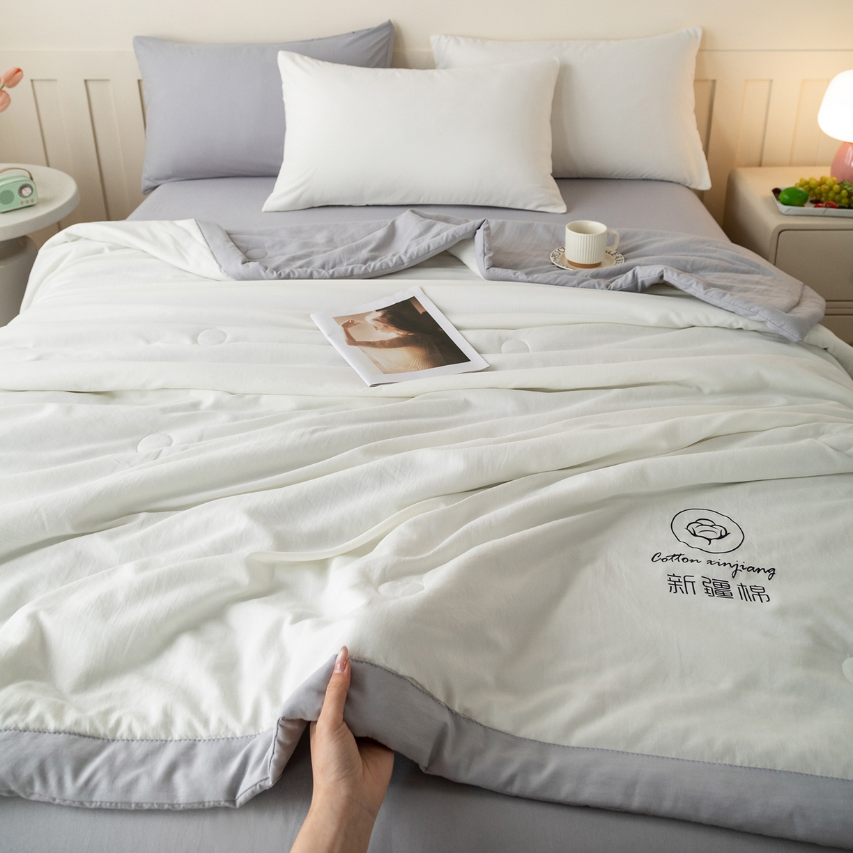 91家纺网 家纺一手货源 找家纺 安琪家纺 2026春夏新款A类新疆棉花纯色撞色双拼夏被夏凉被空调被 双拼-白灰
