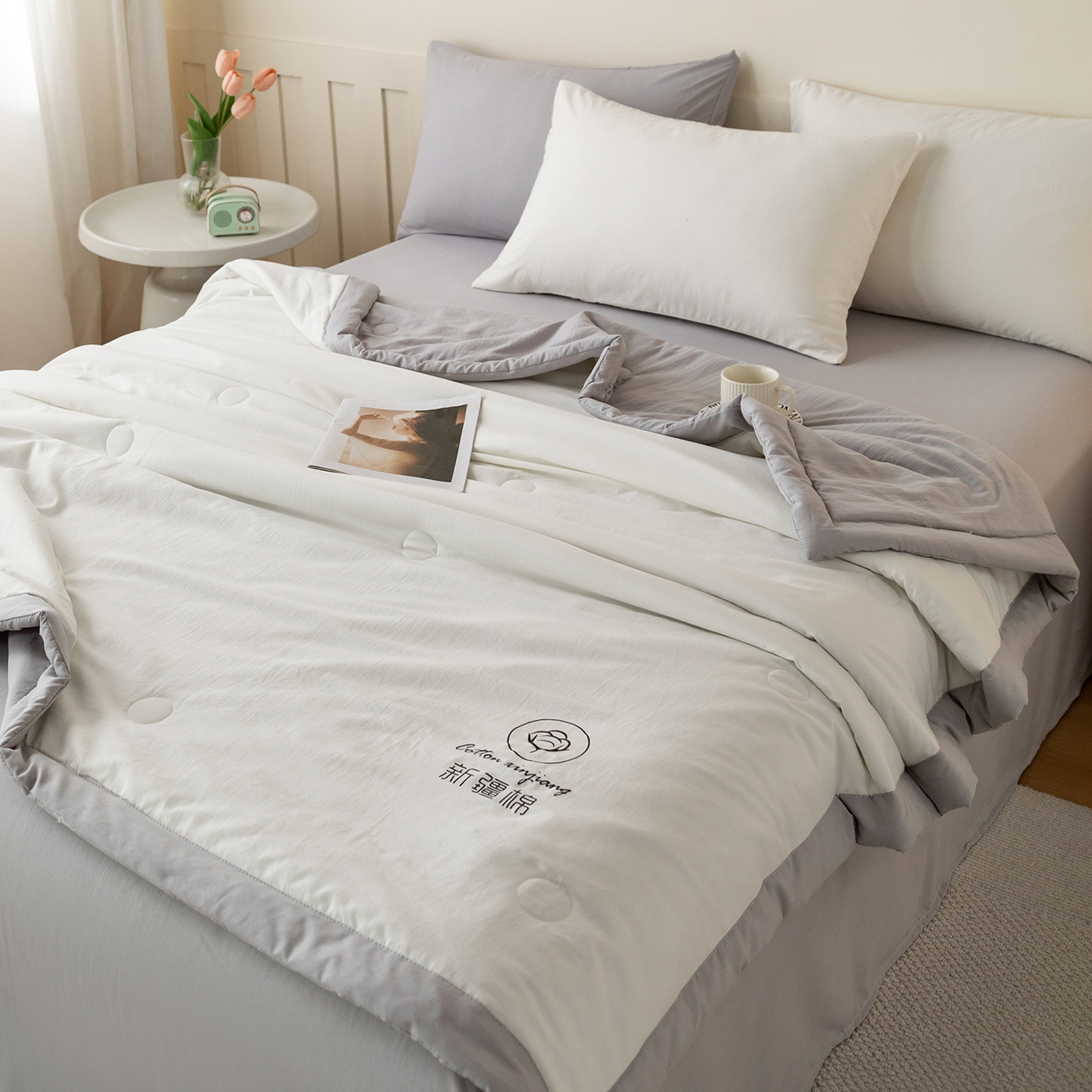 91家纺网 家纺一手货源 找家纺 安琪家纺 2026春夏新款A类新疆棉花纯色撞色双拼夏被夏凉被空调被 双拼-白灰