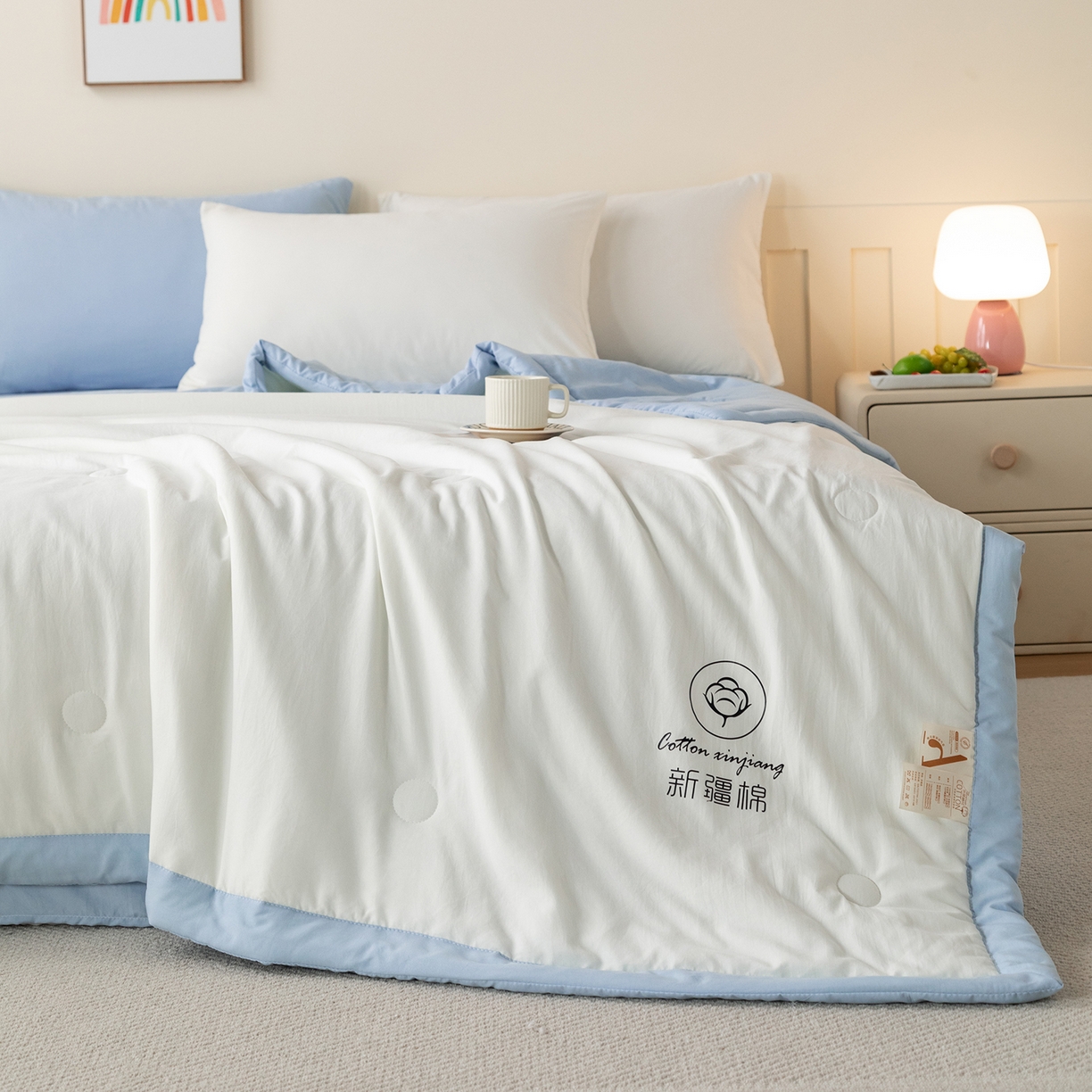 91家纺网 家纺一手货源 找家纺 安琪家纺 2026春夏新款A类新疆棉花纯色撞色双拼夏被夏凉被空调被 双拼-白蓝