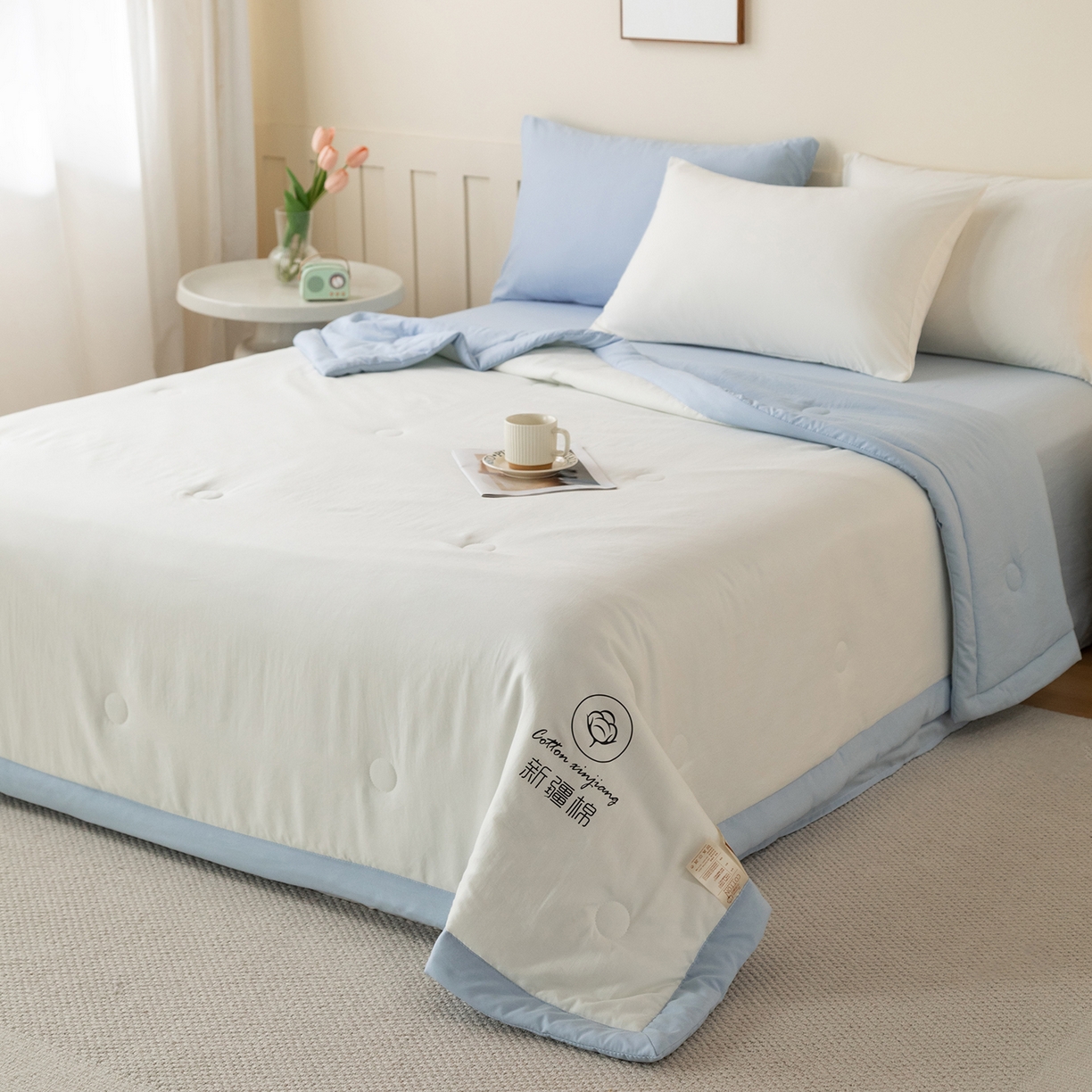 91家纺网 家纺一手货源 找家纺 安琪家纺 2026春夏新款A类新疆棉花纯色撞色双拼夏被夏凉被空调被 双拼-白蓝