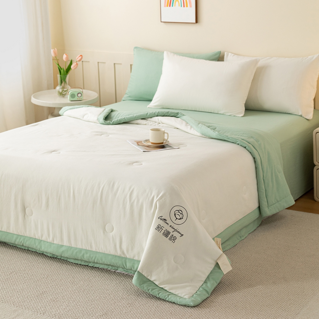 91家纺网 家纺一手货源 找家纺 安琪家纺 2026春夏新款A类新疆棉花纯色撞色双拼夏被夏凉被空调被 双拼-白绿