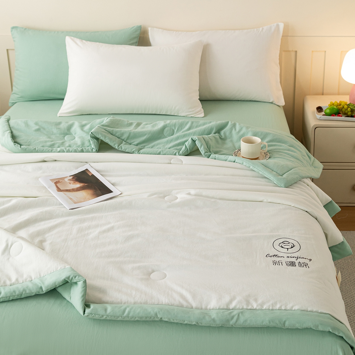 91家纺网 家纺一手货源 找家纺 安琪家纺 2026春夏新款A类新疆棉花纯色撞色双拼夏被夏凉被空调被 双拼-白绿