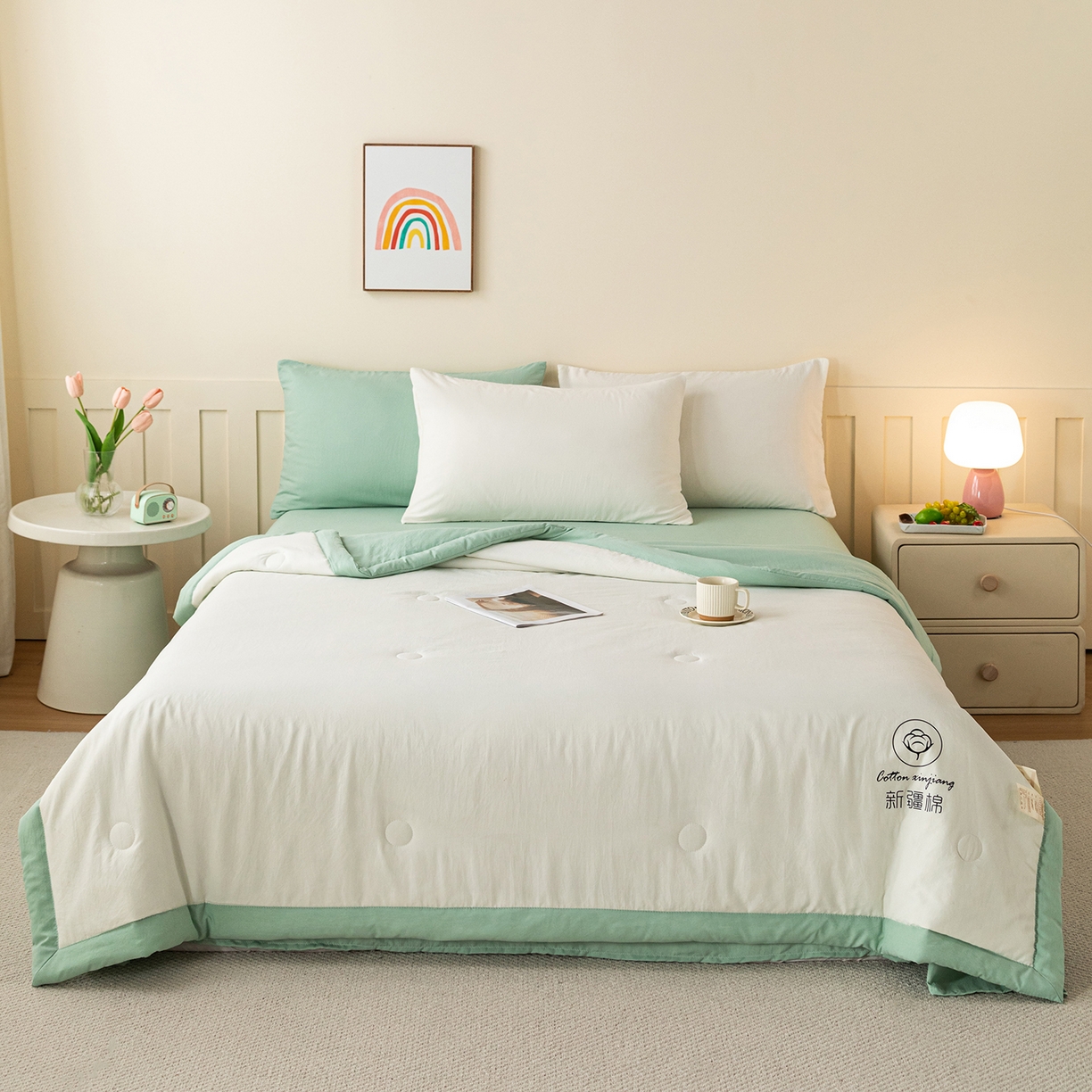 91家纺网 家纺一手货源 找家纺 安琪家纺 2026春夏新款A类新疆棉花纯色撞色双拼夏被夏凉被空调被 双拼-白绿