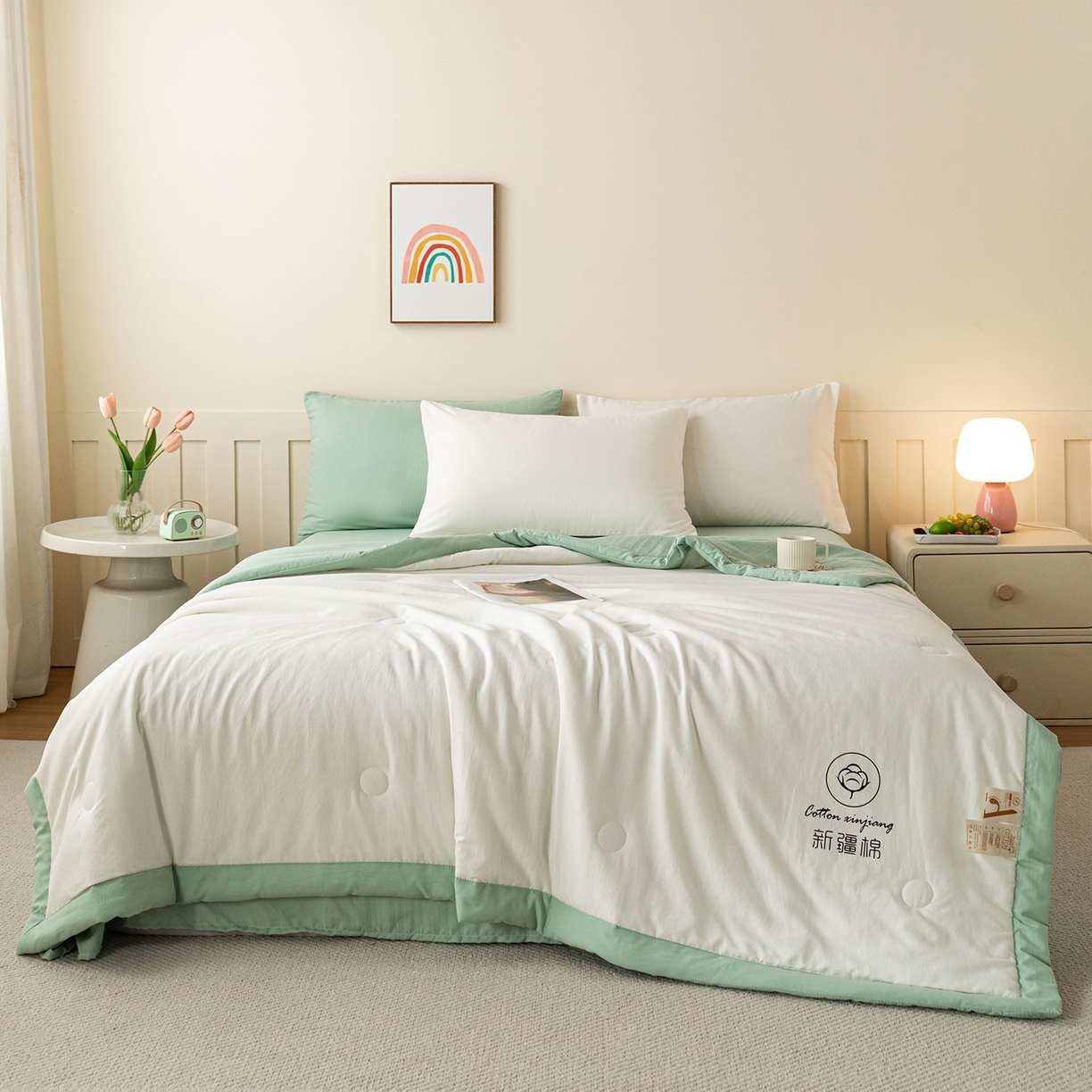 91家纺网 家纺一手货源 找家纺 安琪家纺 2026春夏新款A类新疆棉花纯色撞色双拼夏被夏凉被空调被 双拼-白绿