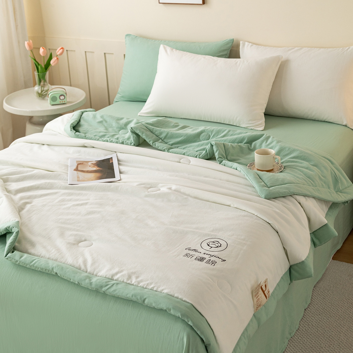 91家纺网 家纺一手货源 找家纺 安琪家纺 2026春夏新款A类新疆棉花纯色撞色双拼夏被夏凉被空调被 双拼-白绿