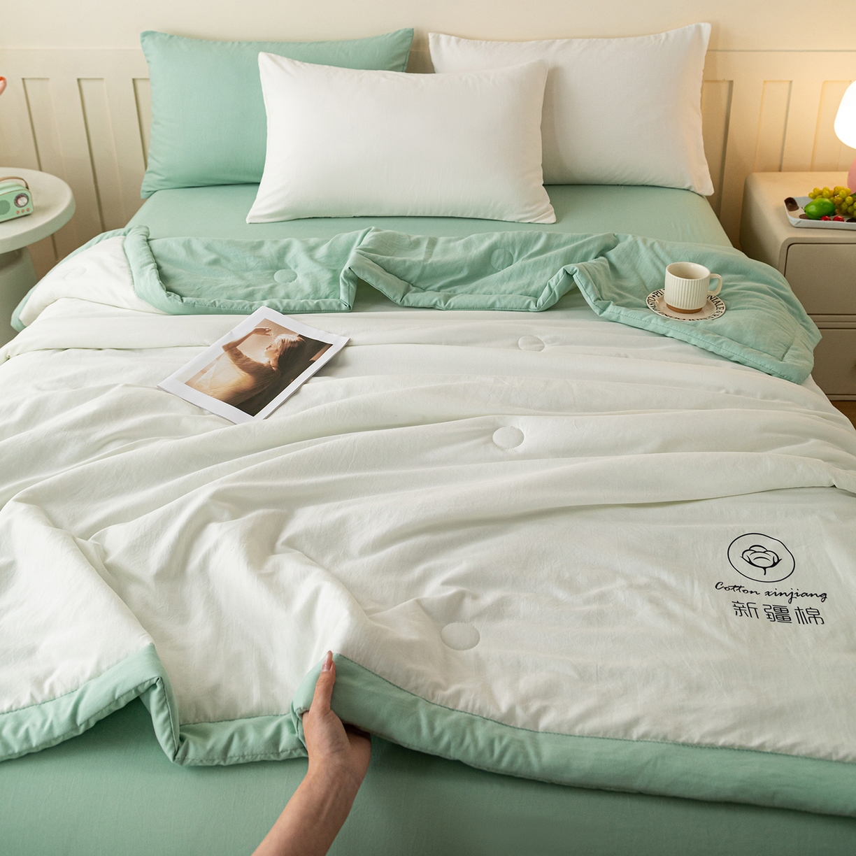 91家纺网 家纺一手货源 找家纺 安琪家纺 2026春夏新款A类新疆棉花纯色撞色双拼夏被夏凉被空调被 双拼-白绿