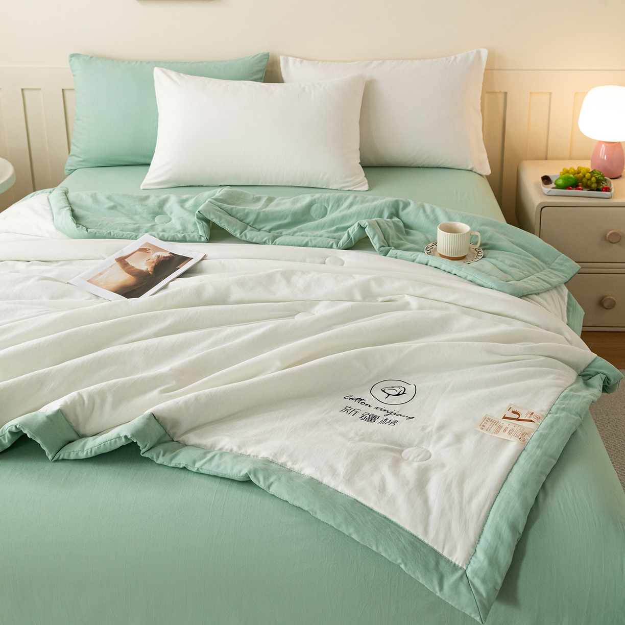 91家纺网 家纺一手货源 找家纺 安琪家纺 2026春夏新款A类新疆棉花纯色撞色双拼夏被夏凉被空调被 双拼-白绿