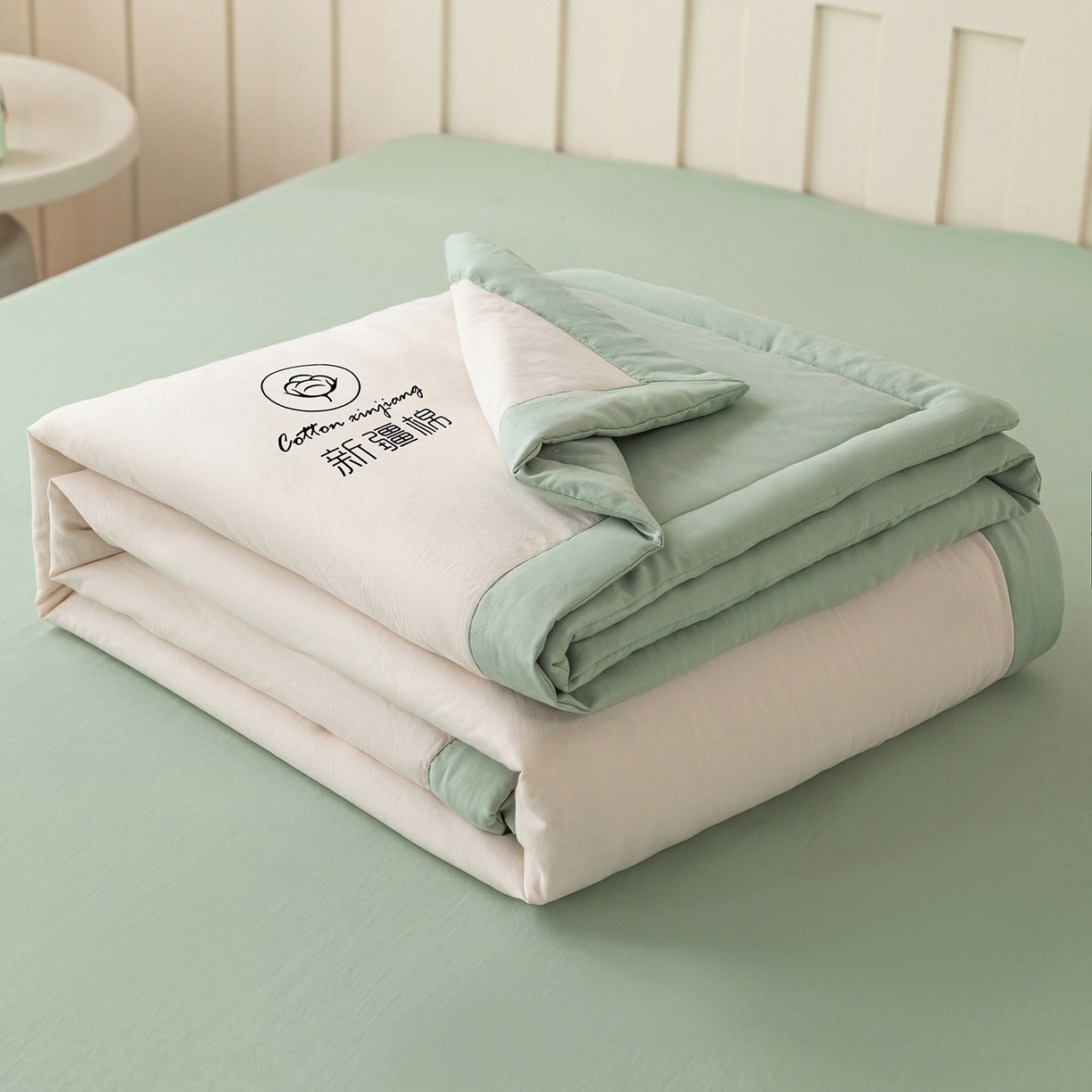 91家纺网 家纺一手货源 找家纺 安琪家纺 2026春夏新款A类新疆棉花纯色撞色双拼夏被夏凉被空调被 双拼-白绿