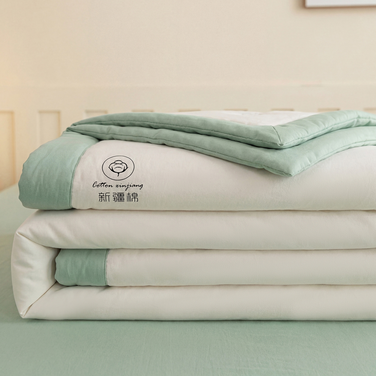 91家纺网 家纺一手货源 找家纺 安琪家纺 2026春夏新款A类新疆棉花纯色撞色双拼夏被夏凉被空调被 双拼-白绿