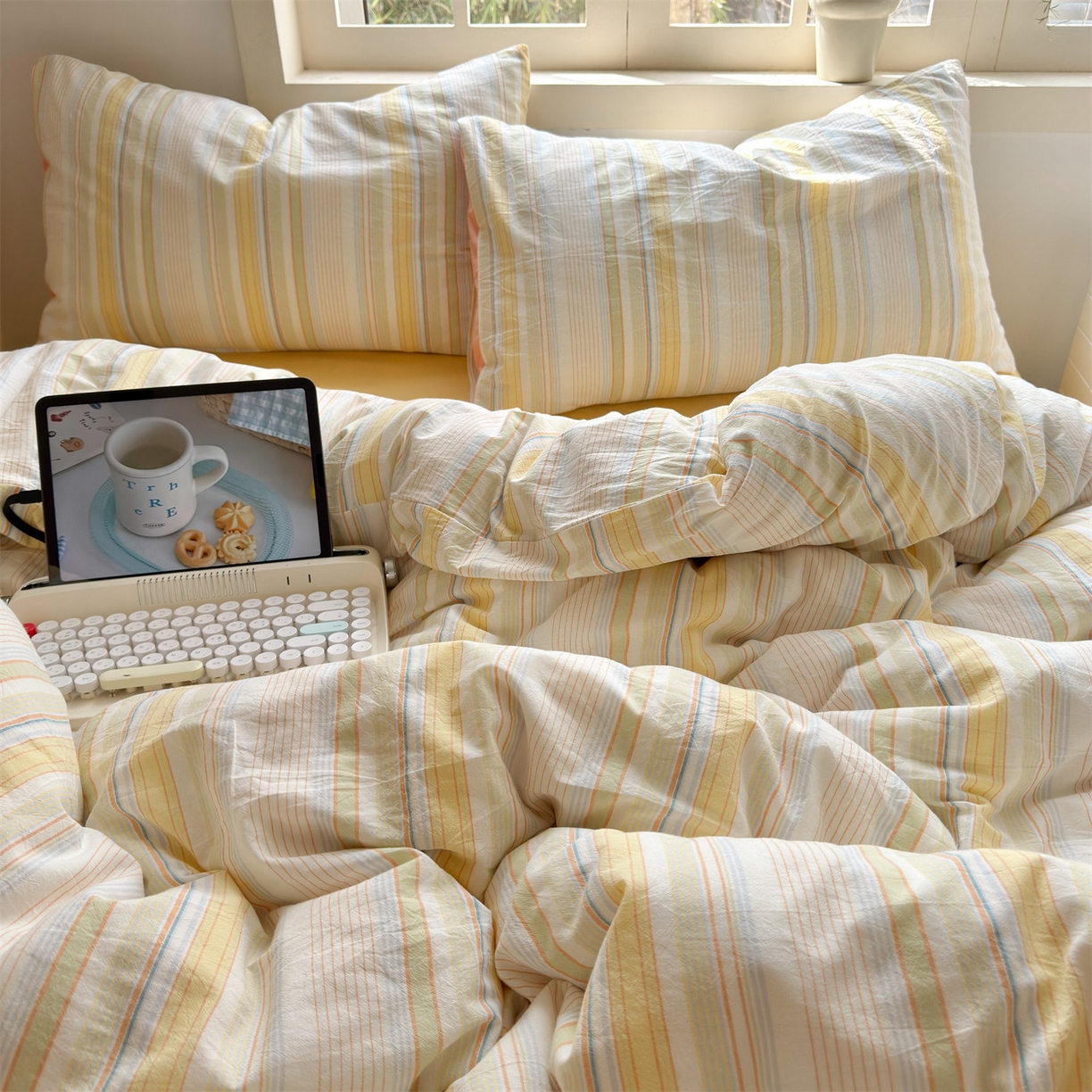 91家纺网 家纺一手货源 找家纺 （总）北欧良品 2026新款全棉色织水洗慵懒风条纹四件套