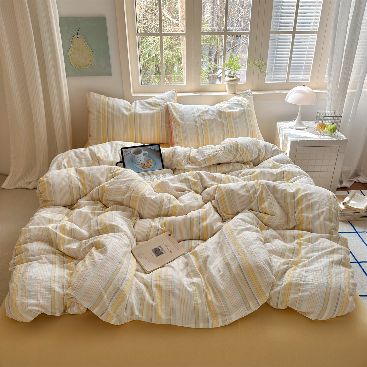 91家纺网 家纺一手货源 找家纺 （总）北欧良品 2026新款全棉色织水洗慵懒风条纹四件套