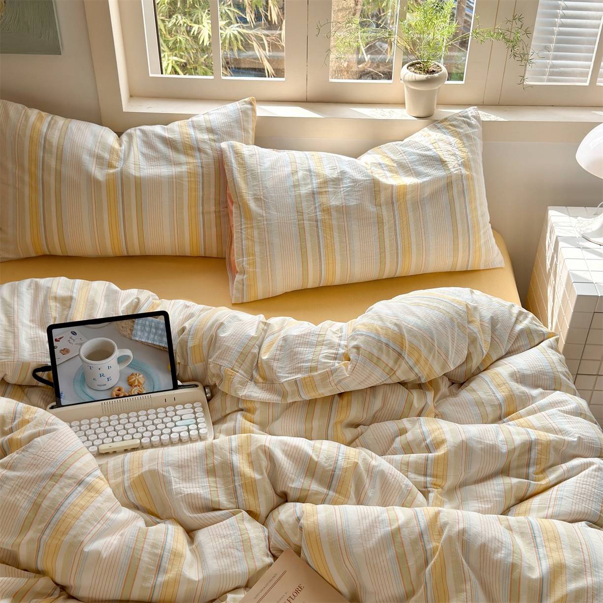 91家纺网 家纺一手货源 找家纺 （总）北欧良品 2026新款全棉色织水洗慵懒风条纹四件套