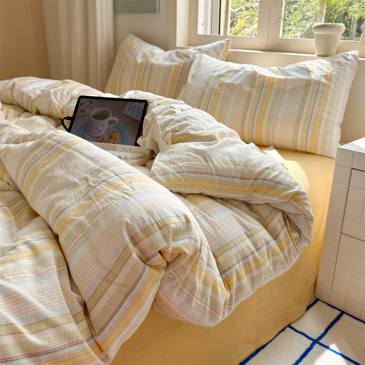 91家纺网 家纺一手货源 找家纺 （总）北欧良品 2026新款全棉色织水洗慵懒风条纹四件套