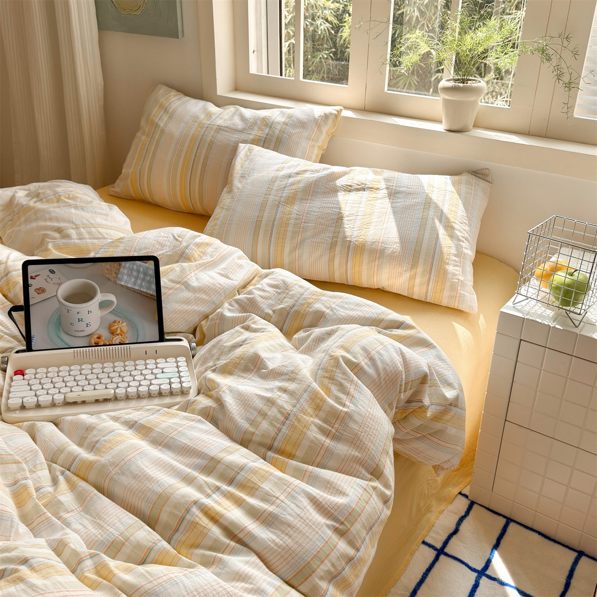 91家纺网 家纺一手货源 找家纺 （总）北欧良品 2026新款全棉色织水洗慵懒风条纹四件套