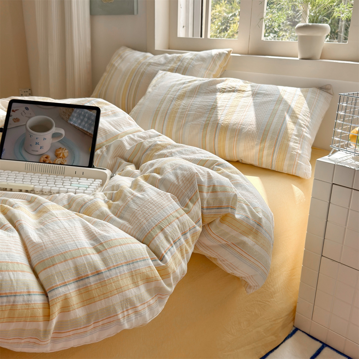 91家纺网 家纺一手货源 找家纺 （总）北欧良品 2026新款全棉色织水洗慵懒风条纹四件套