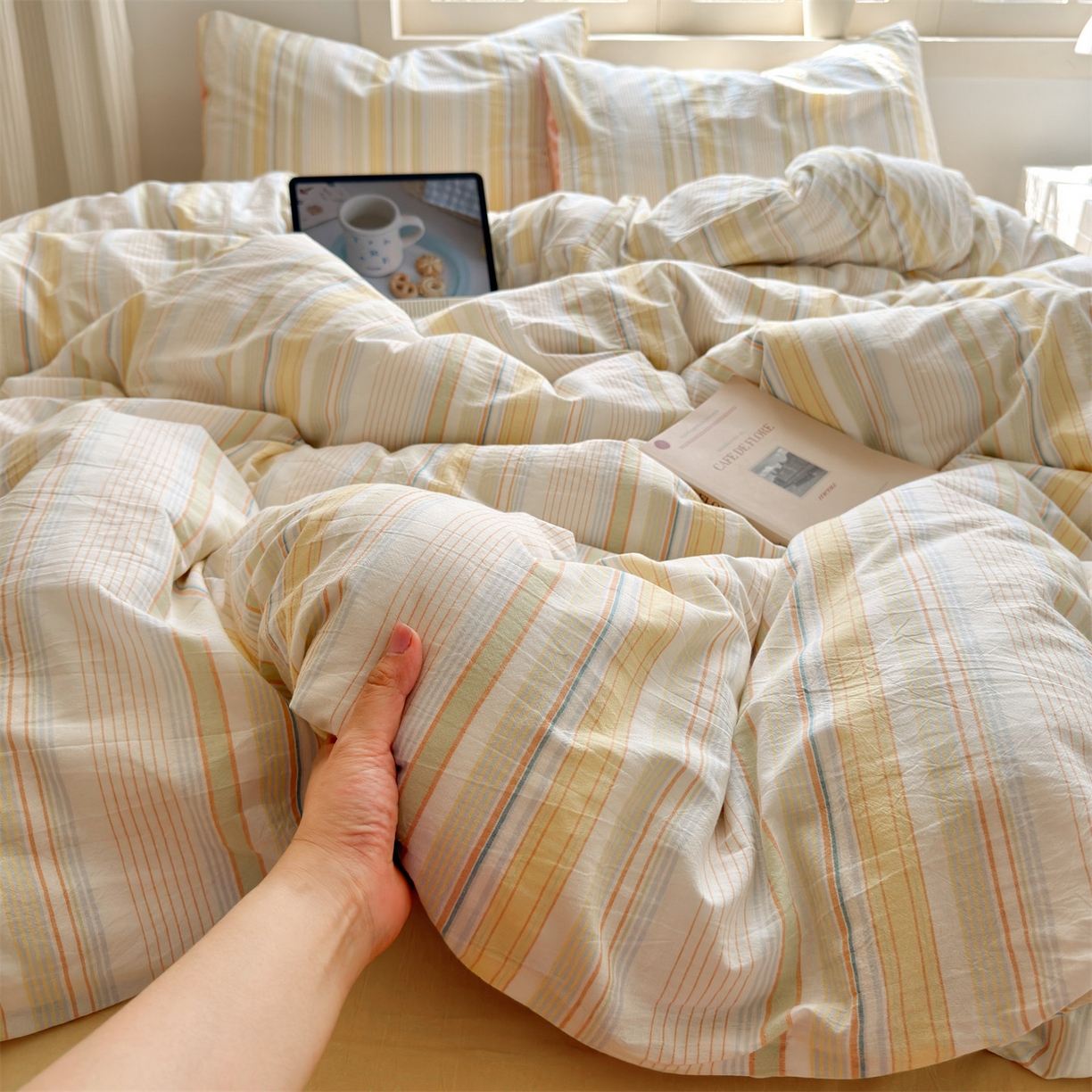 91家纺网 家纺一手货源 找家纺 （总）北欧良品 2026新款全棉色织水洗慵懒风条纹四件套