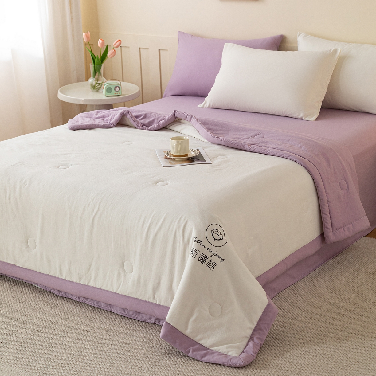 91家纺网 家纺一手货源 找家纺 安琪家纺 2026春夏新款A类新疆棉花纯色撞色双拼夏被夏凉被空调被 双拼-白紫