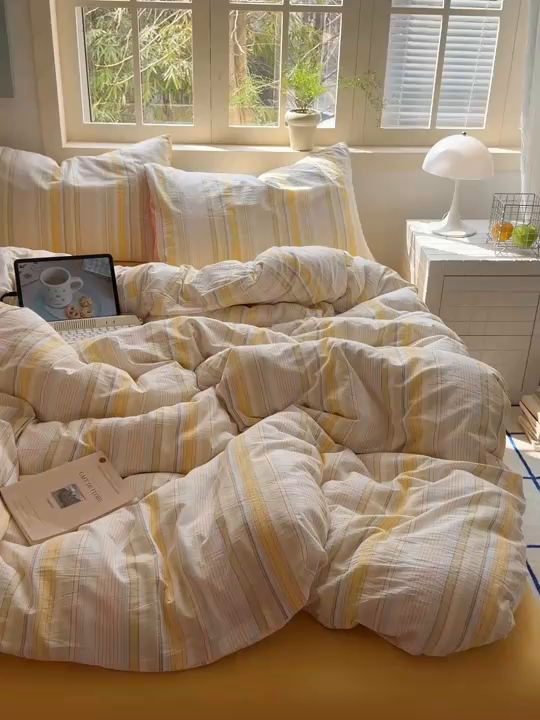 91家纺网 家纺一手货源 找家纺 （总）北欧良品 2026新款全棉色织水洗慵懒风条纹四件套