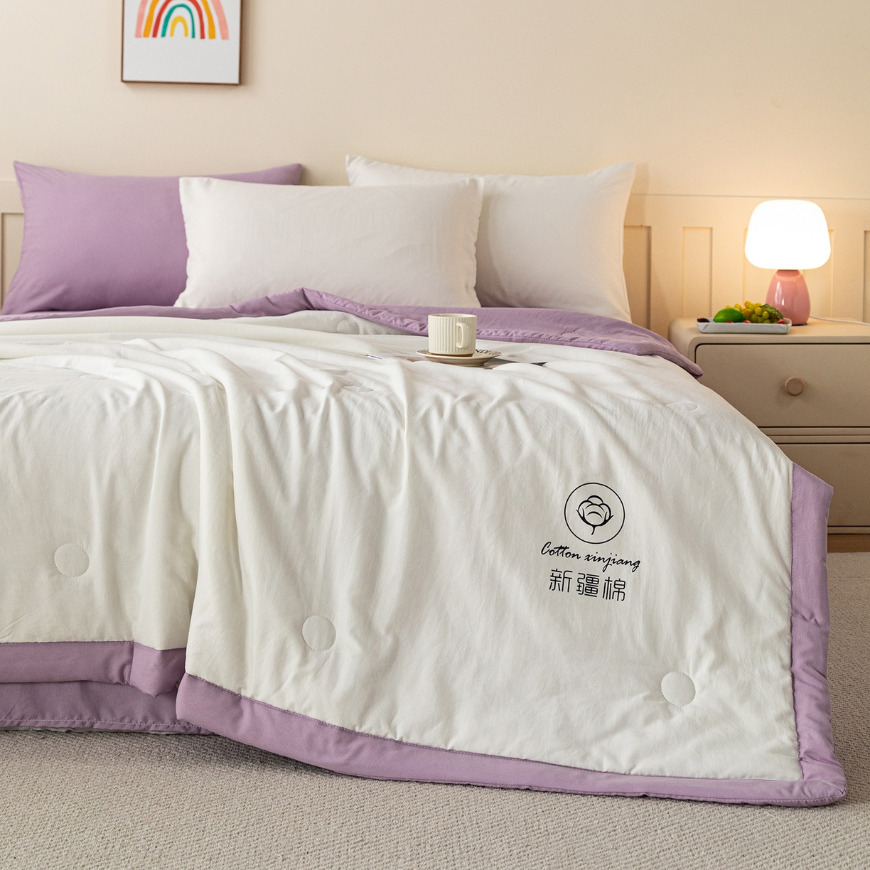 91家纺网 家纺一手货源 找家纺 安琪家纺 2026春夏新款A类新疆棉花纯色撞色双拼夏被夏凉被空调被 双拼-白紫