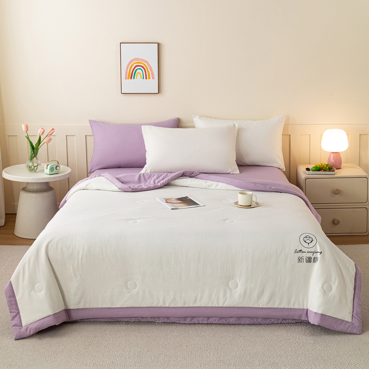 91家纺网 家纺一手货源 找家纺 安琪家纺 2026春夏新款A类新疆棉花纯色撞色双拼夏被夏凉被空调被 双拼-白紫