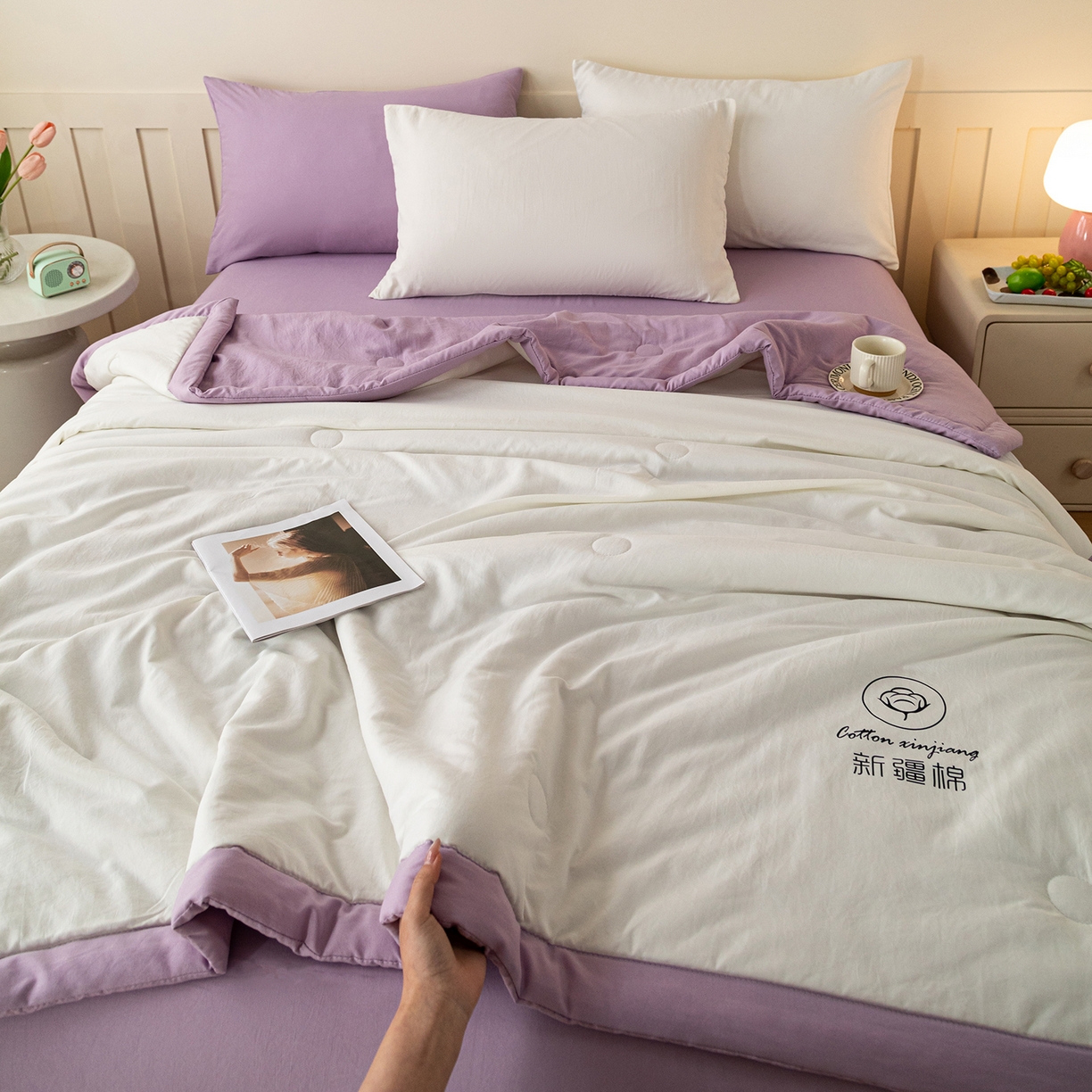 91家纺网 家纺一手货源 找家纺 安琪家纺 2026春夏新款A类新疆棉花纯色撞色双拼夏被夏凉被空调被 双拼-白紫