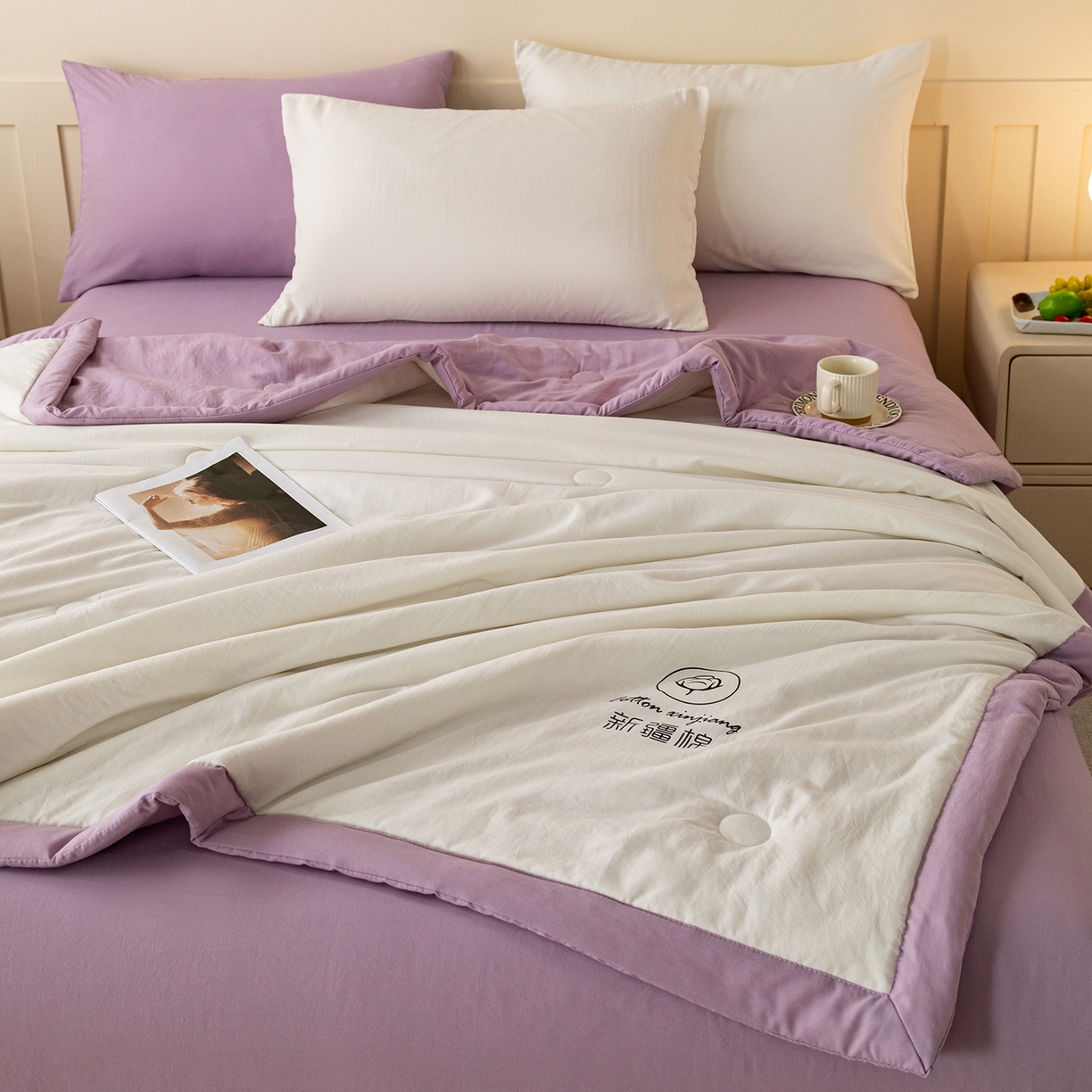 91家纺网 家纺一手货源 找家纺 安琪家纺 2026春夏新款A类新疆棉花纯色撞色双拼夏被夏凉被空调被 双拼-白紫